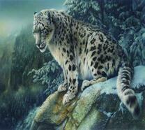 Снежный барс на скале у леса