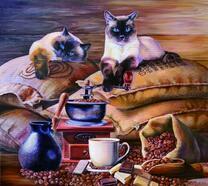 Сиамские коты и мешки с кофе