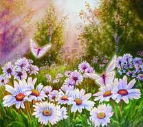 Белые бабочки на солнечной поляне ромашек