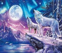 Белые волки на фоне полной луны и гор