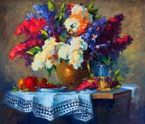 Большой летний букет, чай и фрукты