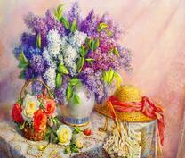 Букет сирени, розы и шляпа с зонтом