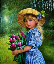 Ребенок в шляпе с букетом тюльпанов