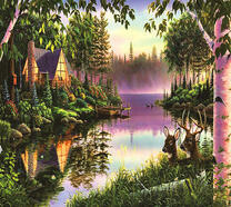 Олени на берегу парящего озера