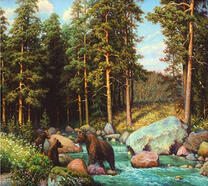 Медведица учит малышей ловить рыбу