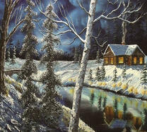 Заснеженный домик у реки