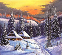 Деревня в заснеженном лесу