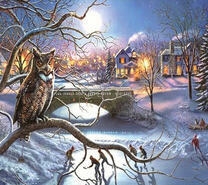 Филин на дереве у замерзшей реки