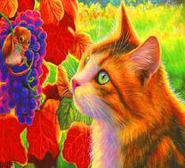 Рыжая кошка и мышонок на винограде