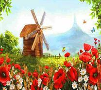 Мельница возле маков и ромашек