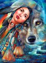 Девушка с волком на фоне большой луны