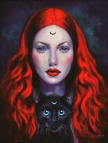 Рыжеволосая девушка с чёрной кошкой