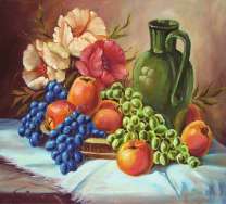 Натюрморт из вонограда, яблок и цветов