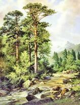 Пейзаж с сосновым лесом и рекой