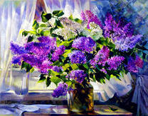 Букет сирени в баночке на столе