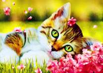Котенок в цветах на полянке