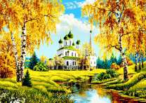 Храм на фоне осенних берез и реки