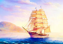 Парусный фрегат у холмистого берега