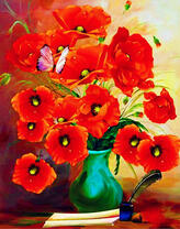 Букет маков с бабочкой и письмо на столе