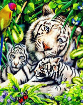 Белые тигрята и их мама в зарослях