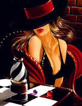 Девушка в вечернем платье и шляпе играет в шахматы