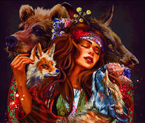 Русская девушка в окружении лесных животных