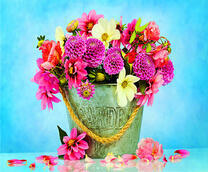 Ведро полное садовых цветов