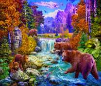 Семейство медведей ловят рыбу на реке