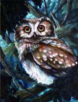 Сова в ночном лесу на дереве