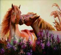 Пара лошадей на весенней поляне с цветами