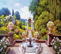 Цветущий парк с фонтаном