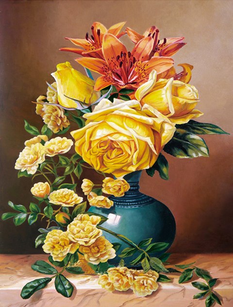 Алмазная мозаика 40x50 Красивая ваза с лилиями и розами