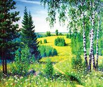 Холмы с деревьями и ромашками