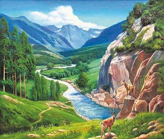 Алмазная мозаика 40x50 Горные козлы на скале над рекой