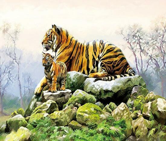 Алмазная мозаика 40x50 Тигрица с тигрёнком на камнях