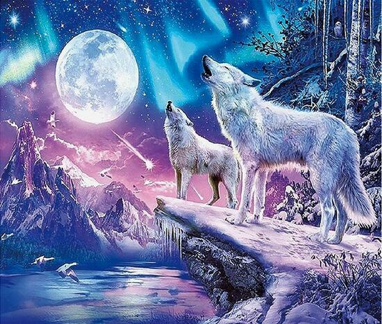 Алмазная мозаика 40x50 Белые волки и северное сияние