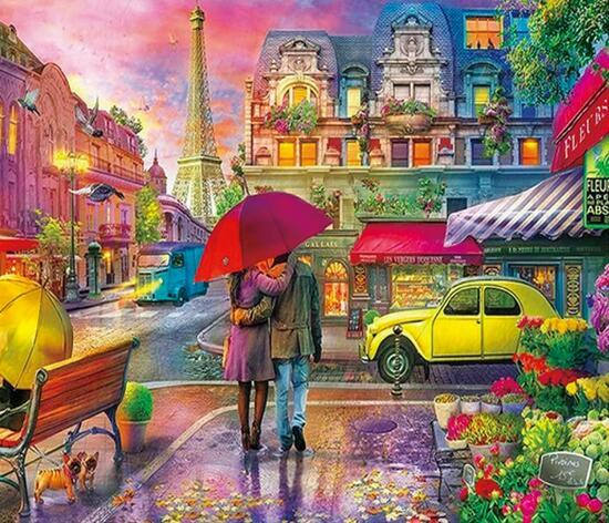 Алмазная мозаика 40x50 Прогулка по цветущему Парижу под зонтом