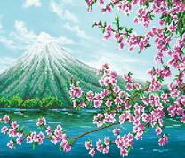 Цветы сакуры на фоне вулкана