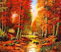 Домик в осеннем лесу у речки