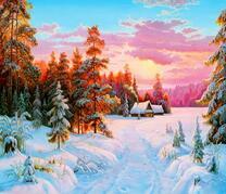 Красные облака над домиком в заснеженном лесу