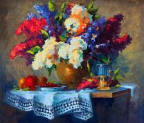 Букет сирени и фрукты с чаем