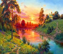 Красивый закат над храмом у реки