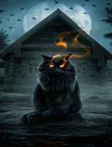 Черный кот с горящими глазами