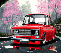 Красный автомобиль на цветущей дороге