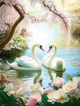 Белые лебеди на озере у цветов