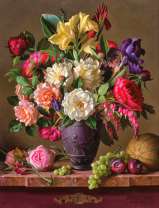 Натюрморт с букетом из пионов, роз и ирисов