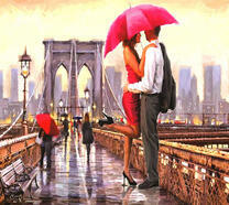 Пара под красным зонтом на Бруклинском мосту