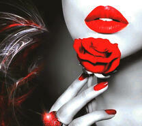 Лицо женщины в красном и роза в руках