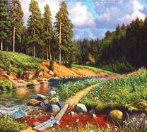 Тропка через цветочную поляну у реки