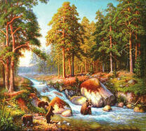 Медведица учит медвежат ловить рыбу